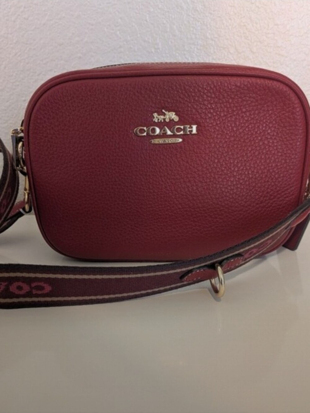 Coach Pebbled Leather Camera Bag in Burgundy with Signature Strap/GUC